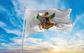 flag of Queretaro , Mexico at cloudy sky background on sunset, panoramic view. Mexican travel and patriot concept. copy space for