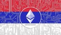 flag of Republic of Srpska and ethereum coin, Integrated Circuit Board pattern. Ethereum Stock Growth. Conceptual image for