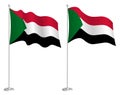 Flag of republic of Sudan on flagpole waving in wind. Holiday design element. Checkpoint for map symbols. Isolated vector on white