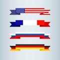 Flag ribbon of America USA France Germany Russia Set collection of bright flat banner ribbons icon ribbon Flag national colors of Royalty Free Stock Photo