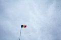 Flag of Romania, also called Drapelul Romaniei waiving on a flagpole of Bucharest, in front of a grey cloudy sky with black birds Royalty Free Stock Photo