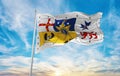 flag of Royal Standard of Australia , Australia at cloudy sky background on sunset, panoramic view. Australian travel and patriot