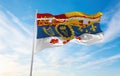 flag of Royal Standard of Prince William , Canada at cloudy sky background on sunset, panoramic view. Canadian travel and patriot