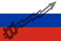 Flag of Russia and bitcoin arrow graph going up.Vector