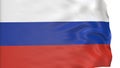Flag of Russia waving in the wind in front of white background.