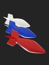 Flag of Russian Federation shown as falling missiles isolated on grey background. Military concept. 3D illustration