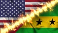 Flag of Sao Tome and Principe and the United States separated by a line of fire.