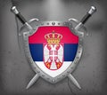 Flag of Serbia. The Shield with National Flag. Two Crossed Sword
