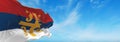 flag of the Serbian Orthodox Church waving in wind at cloudy sky. love holy spirit faith, people hope in easter, religion concept