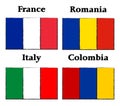 Flag set.  France Romania Italy Colombia. Flags isolated on white Royalty Free Stock Photo