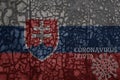 Flag of slovakia on a old metal rusty cracked wall with text coronavirus, covid, and virus picture