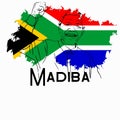 Flag of South Africa with silhouette of Nelson Mandela\'s drawing in black, white background and Madiba writing