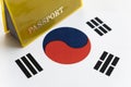 Flag of south korea with passport. Travel visa and citizenship concept. residence permit in the country. a yellow