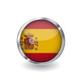 Flag of spain, button with metal frame and shadow. spain flag vector icon, badge with glossy effect and metallic border. Realistic