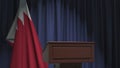 Flag of Bahrain and speaker podium tribune. Political event or statement related conceptual 3D rendering