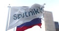 Flag with the Sputnik V vaccine logo waving in the wind with the Russian flag