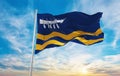 flag of St Annes on Sea town , UK at cloudy sky background on sunset, panoramic view. County of united kingdom of great Britain,