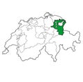 flag of St Gallen canton on map of switzerland