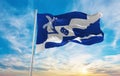 flag of Staining village , UK at cloudy sky background on sunset, panoramic view. County of united kingdom of great Britain,