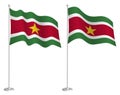 Flag Suriname on flagpole waving in wind. Holiday design element. Checkpoint for map symbols. Isolated vector on white background