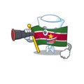 Flag suriname isolated in the mascot sailor holding binocular