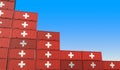 Flag of Switzerland on containers forming declining trend of graph. National crisis or meltdown related conceptual 3D Royalty Free Stock Photo