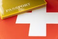 Flag of Switzerland with passport. Travel visa and citizenship concept. residence permit in the country. a yellow