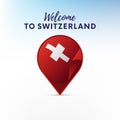 Flag of Switzerland in shape of map pointer or marker. Welcome to Switzerland. Vector. Royalty Free Stock Photo