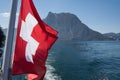 Flag Switzerland on the water in the lake