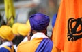 Flag with symbol of the Sikh religion called KHANDA formed by tw