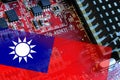 Flag of Taiwan on microchips of a electronic printed board. Taiwan manufacturing chip industry emerges as battlefront in U.S. -