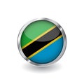 Flag of tanzania, button with metal frame and shadow. tanzania flag vector icon, badge with glossy effect and metallic border. Rea