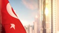 flag of Turkey on city skyscrapers buildings vanilla sundown bg for national celebration - abstract 3D rendering