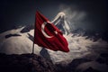 Flag of Turkey on mountains background. National flag of Turkey. Turkish flag waving in the wind with mountains on the background