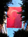 the flag of Turkey is red and shines through with the light of the sun against the sky, trees and buildings