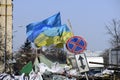 The flag of Ukraine on the barricades of Kiev Royalty Free Stock Photo