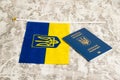 Flag of Ukraine with coat of arms and passport of citizen of Ukraine on light gray background with copy space