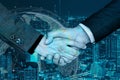 Business Handshake In Front Of City And Global Network Royalty Free Stock Photo