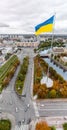 Flag of Ukraine, flagpole Kharkiv city aerial