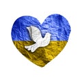 Flag of Ukraine in paper heart shape with dove of peace. Royalty Free Stock Photo