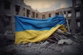 Flag of Ukraine on the ruins of the city generated by AI