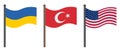 Flag of Ukraine, Turkey and USA set in flat style Royalty Free Stock Photo