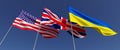 Flag of Ukraine, USA and Great Britain. Three countries flags on flagpole on blue background. State symbols. Flags fluttering in Royalty Free Stock Photo