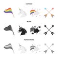 Flag, unicorn symbol, arrows with heart.Gay set collection icons in cartoon,black,monochrome style vector symbol stock