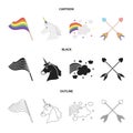 Flag, unicorn symbol, arrows with heart.Gay set collection icons in cartoon,black,outline style vector symbol stock