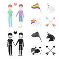 Flag, unicorn symbol, arrows with heart.Gay set collection icons in cartoon,black style vector symbol stock illustration