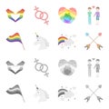 Flag, unicorn symbol, arrows with heart.Gay set collection icons in cartoon,monochrome style vector symbol stock