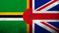 National flag of United Kingdom Great Britain Union Jack with Commonwealth of Dominica National flag. Grunge background