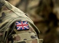 Flag of United Kingdom on military uniform. UK Army. British Armed Forces, soldiers. Collage Royalty Free Stock Photo