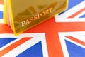 Flag of United kingdom with passport. Travel visa and citizenship concept. residence permit in the country. a yellow